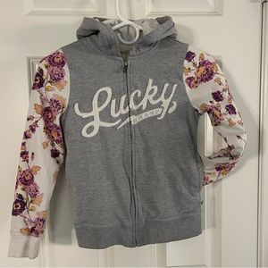 Lucky Brand Size Medium 10/12  Gray Floral sleeve hoodie